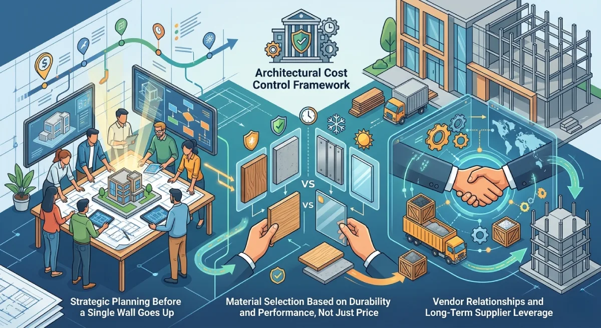 Architectural Cost Control infographic: design team planning, material selection for durability, and vendor relationships for construction projects.